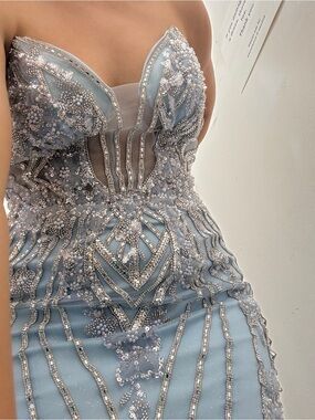 Embellished Strapless Light Blue Evening Dress